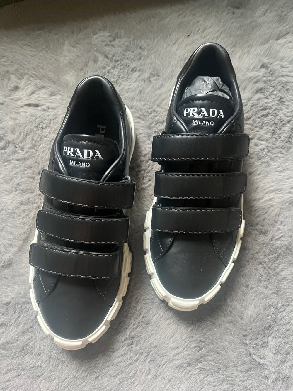 Prada women Black Leather Velcro Sneakers